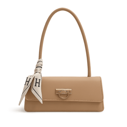 Parisian Grace Shoulder Bag – Beige with Gold Lock & Monogram Scarf